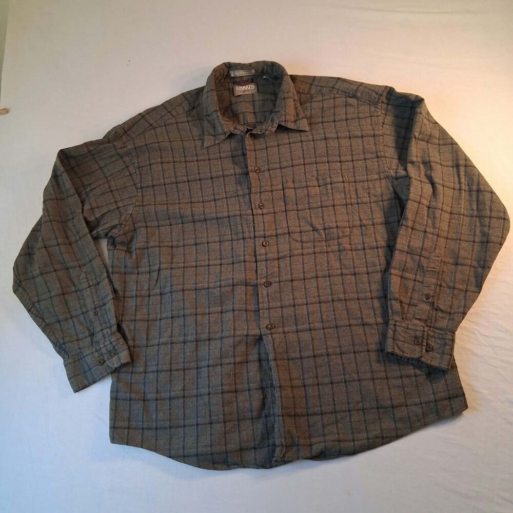 Khakis by Arrow Shirt Mens XL Plaid Button Down Brown Green Cotton Rayon